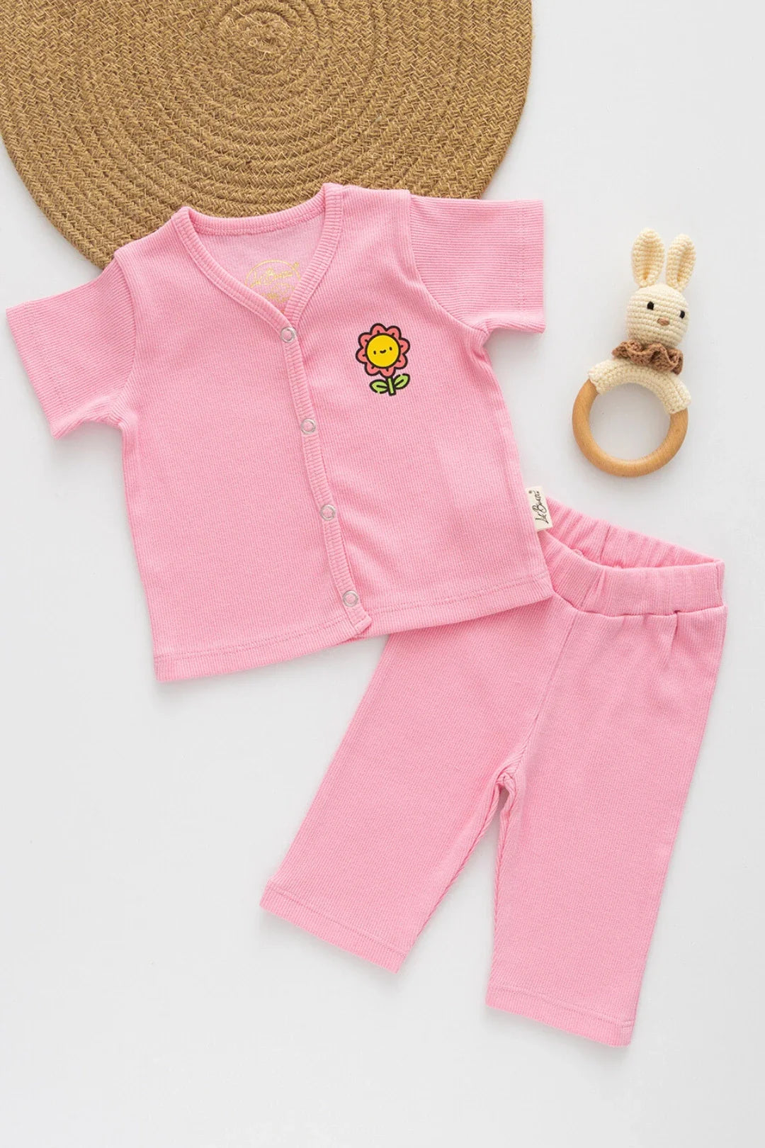 Pink Posie-RibKnit-Unisex Baby Top and Pant Set