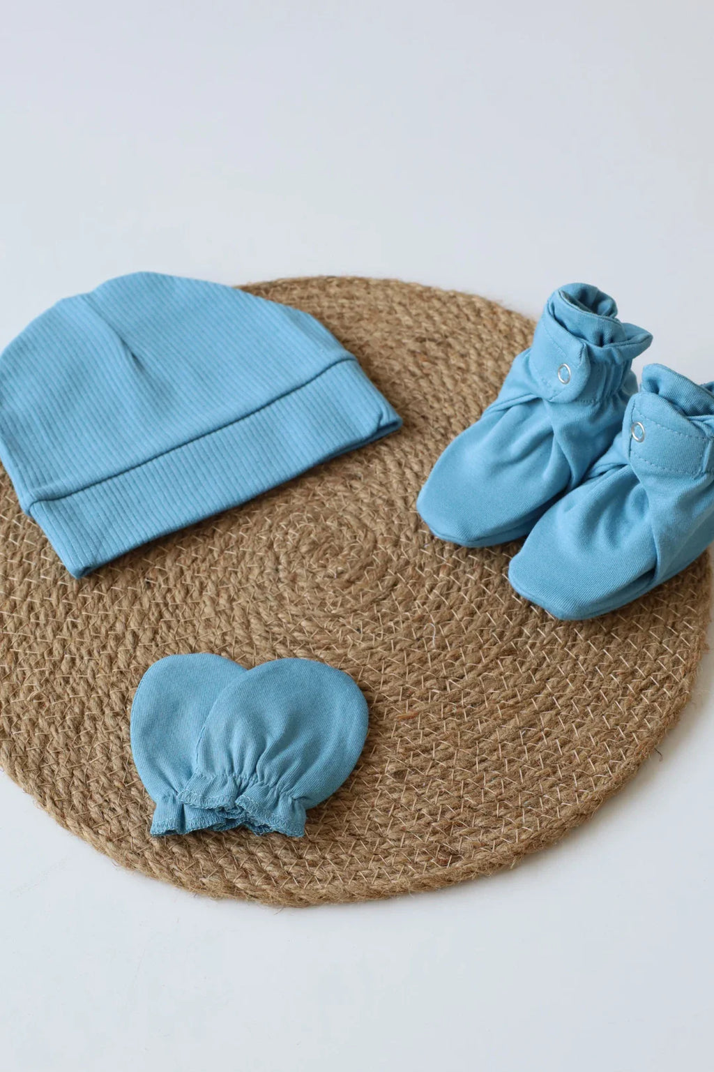 Trio-Indigo-Cap Mittens and Booties Combo